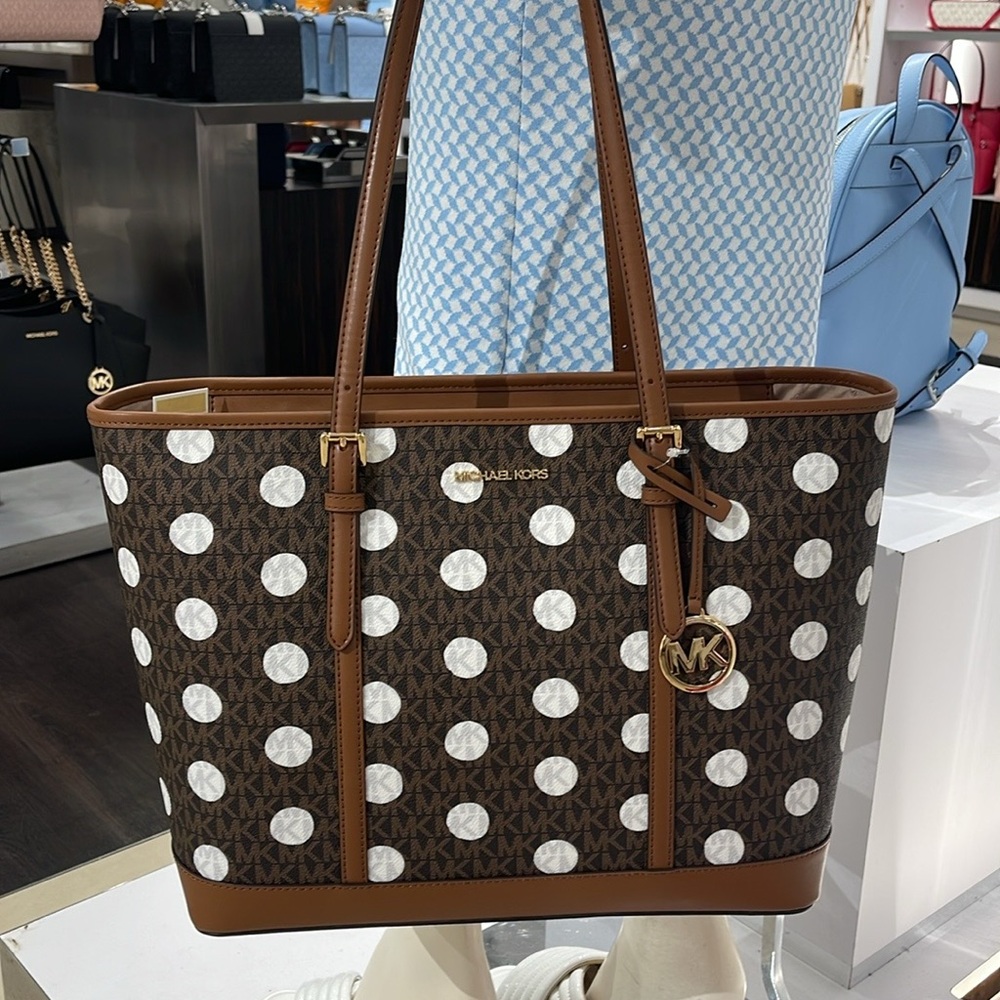 MICHAEL KORS JET SET TRAVEL LARGE TZ SHOULDER TOTE BAG MK BROWN DOTS CARRYALL - Picture 16 of 16